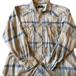 Wrangler Vintage Mens Cream and Light Blue XL Western Plaid Long Sleeve Shirt